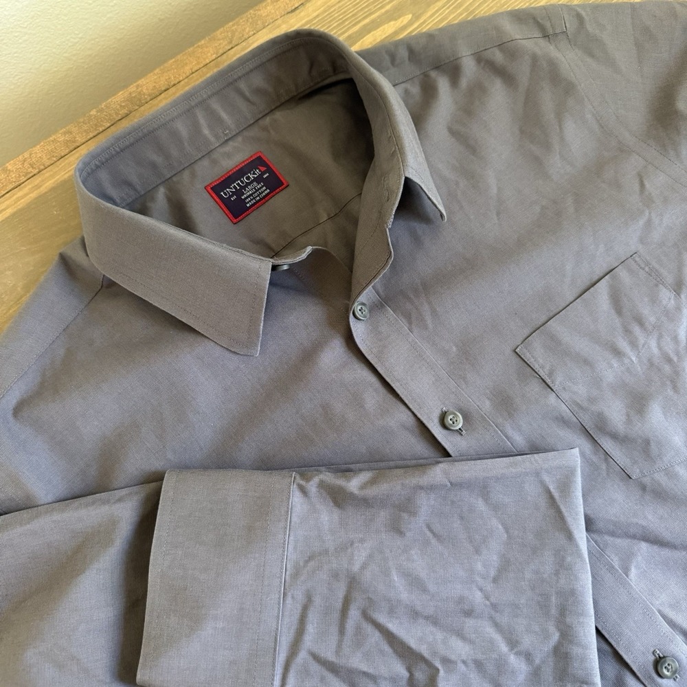 Untuckit Men's Large Grey 100% Cotton Wrinkle Free Long Sleeve Button Up Shirt
